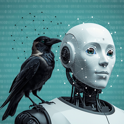 illustration of crow on a laptop working on AI visibility for a website