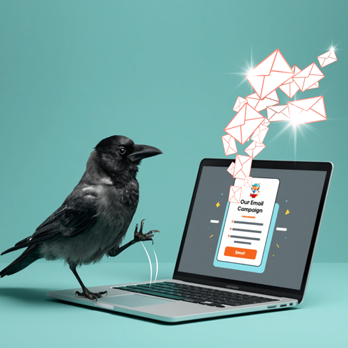 illustration of crow on a laptop creating email marketing campaigns