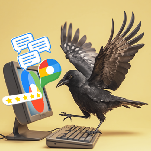illustration of crow on a laptop working on Google Business Profile Optimization