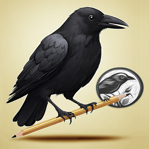 illustration of crow sitting on a pencil working on a graphic design