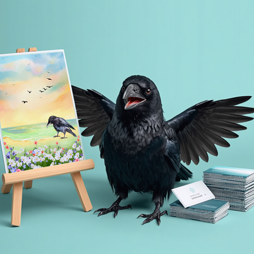 illustration of crow with business cards