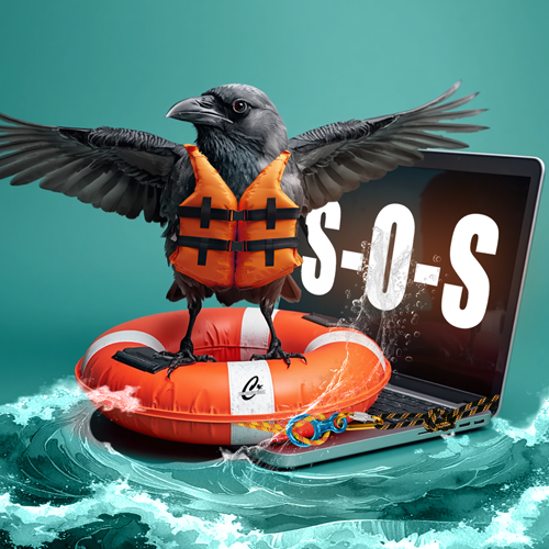 illustration of a crow on a sinking laptop with rescue devices